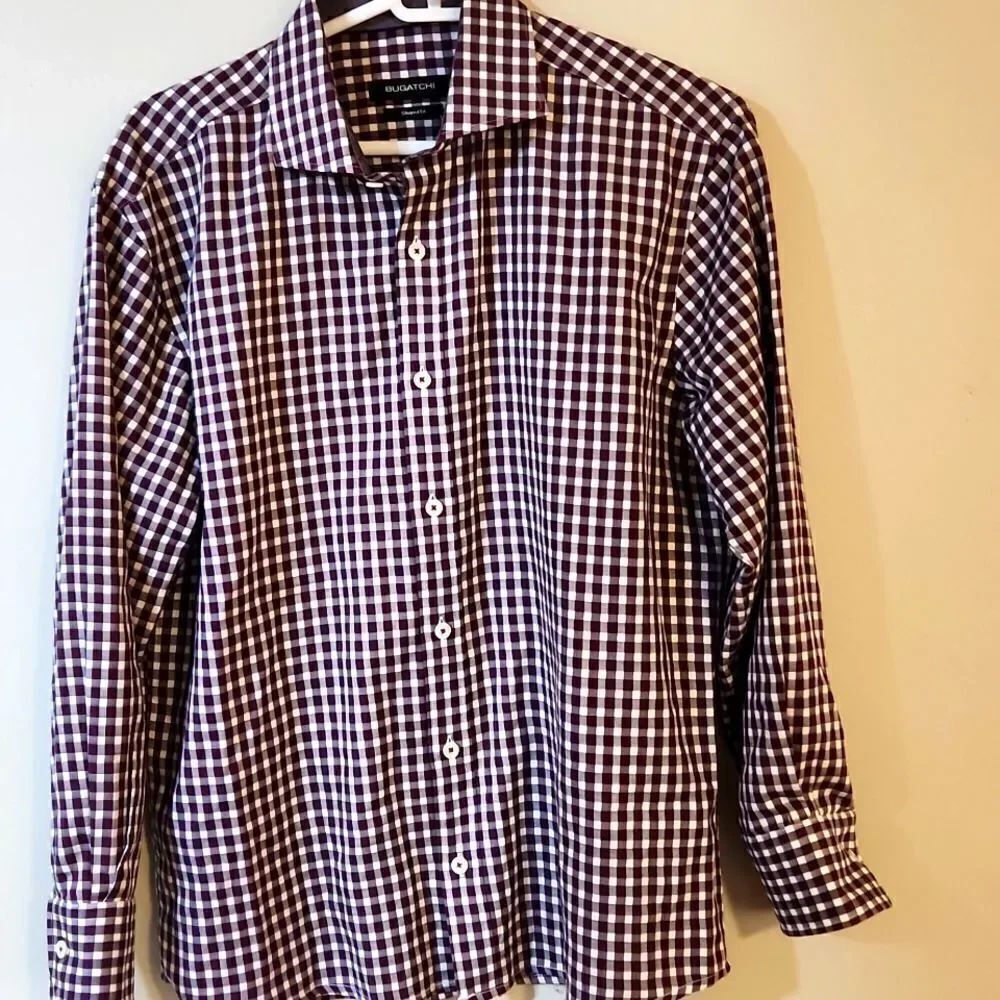 Bugatchi shaped fit shirt top button down plaid gingham work shirt small medium